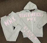 Gray Pink Zipped distressed Tracksuit