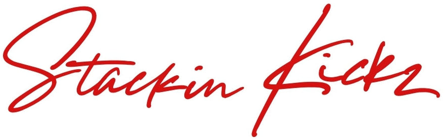 Red cursive script reading 'Stackin Kickz' on a plain white background.