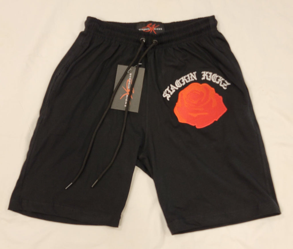 Black Red Embroidered Rose Shorts