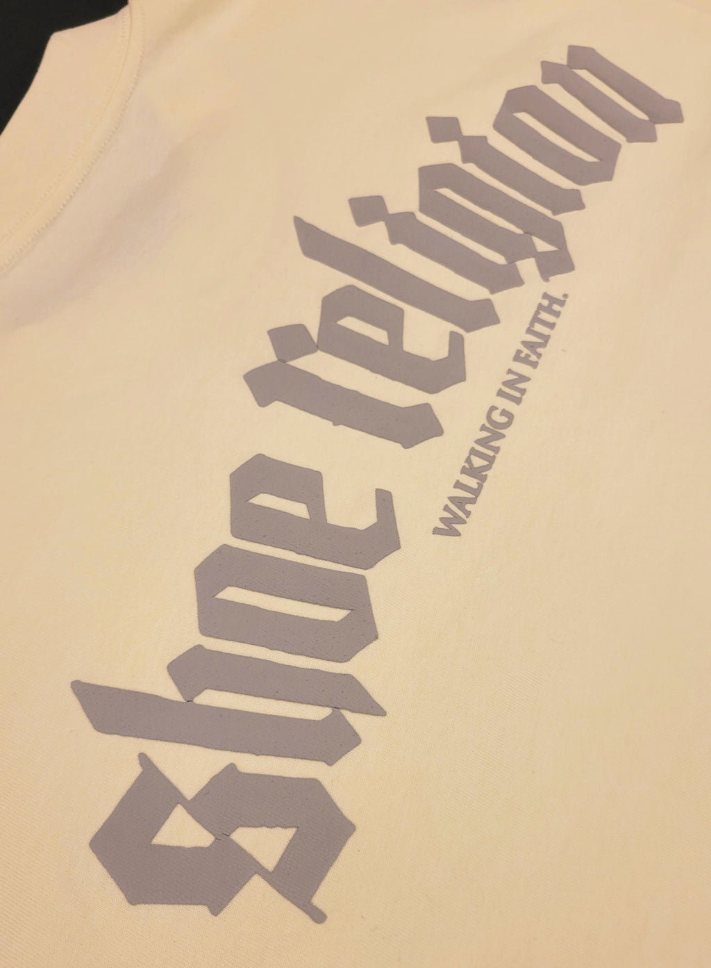 Cream/Gray Heavyweight "SHOE RELIGION" reimagined Tee.
