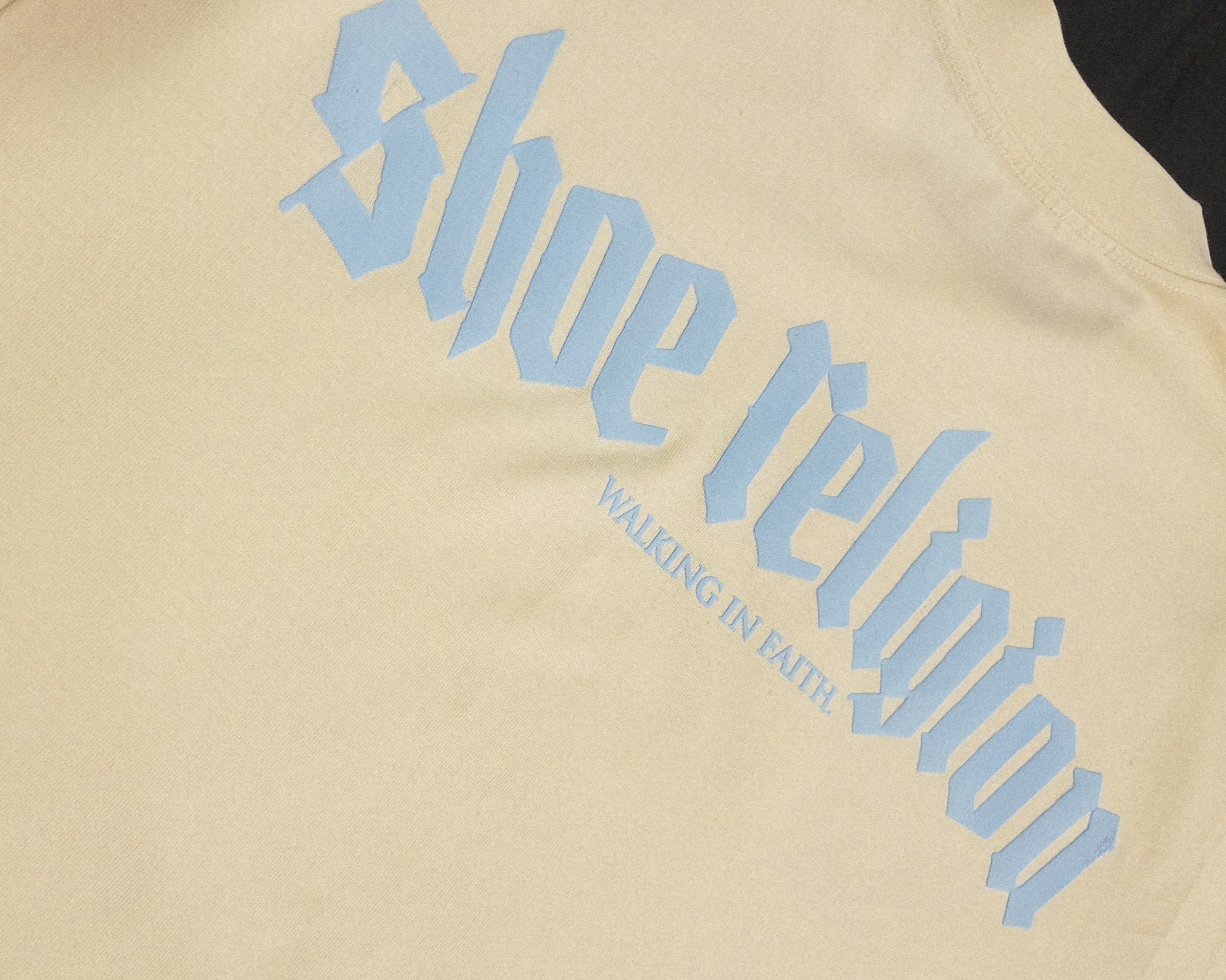 Cream/Ice Blue Heavyweight "SHOE RELIGION" reimagined Tee.