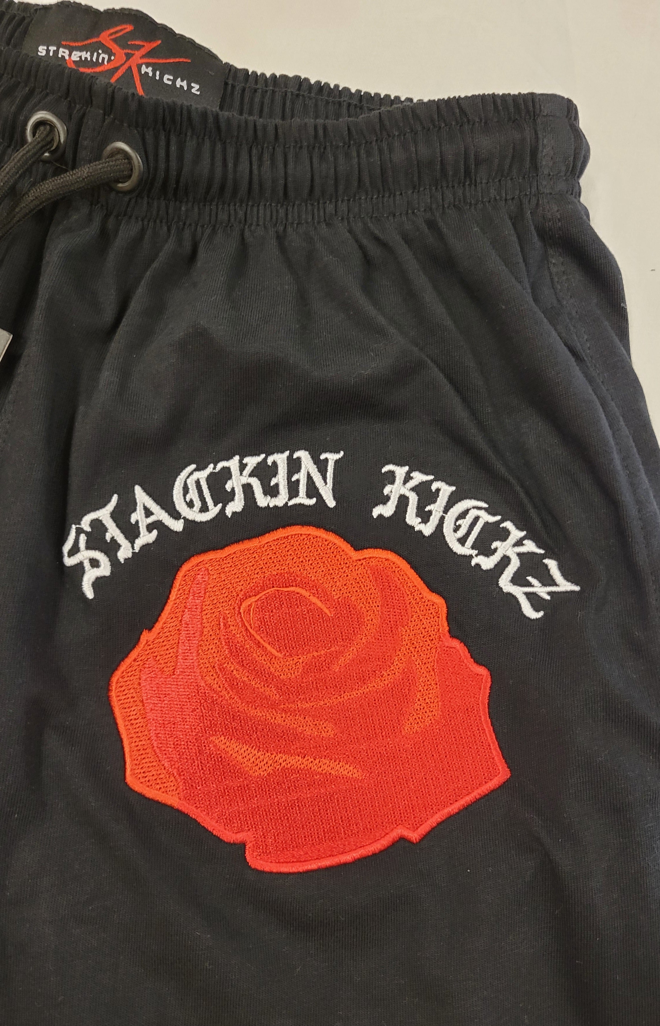 Black Red Embroidered Rose Shorts