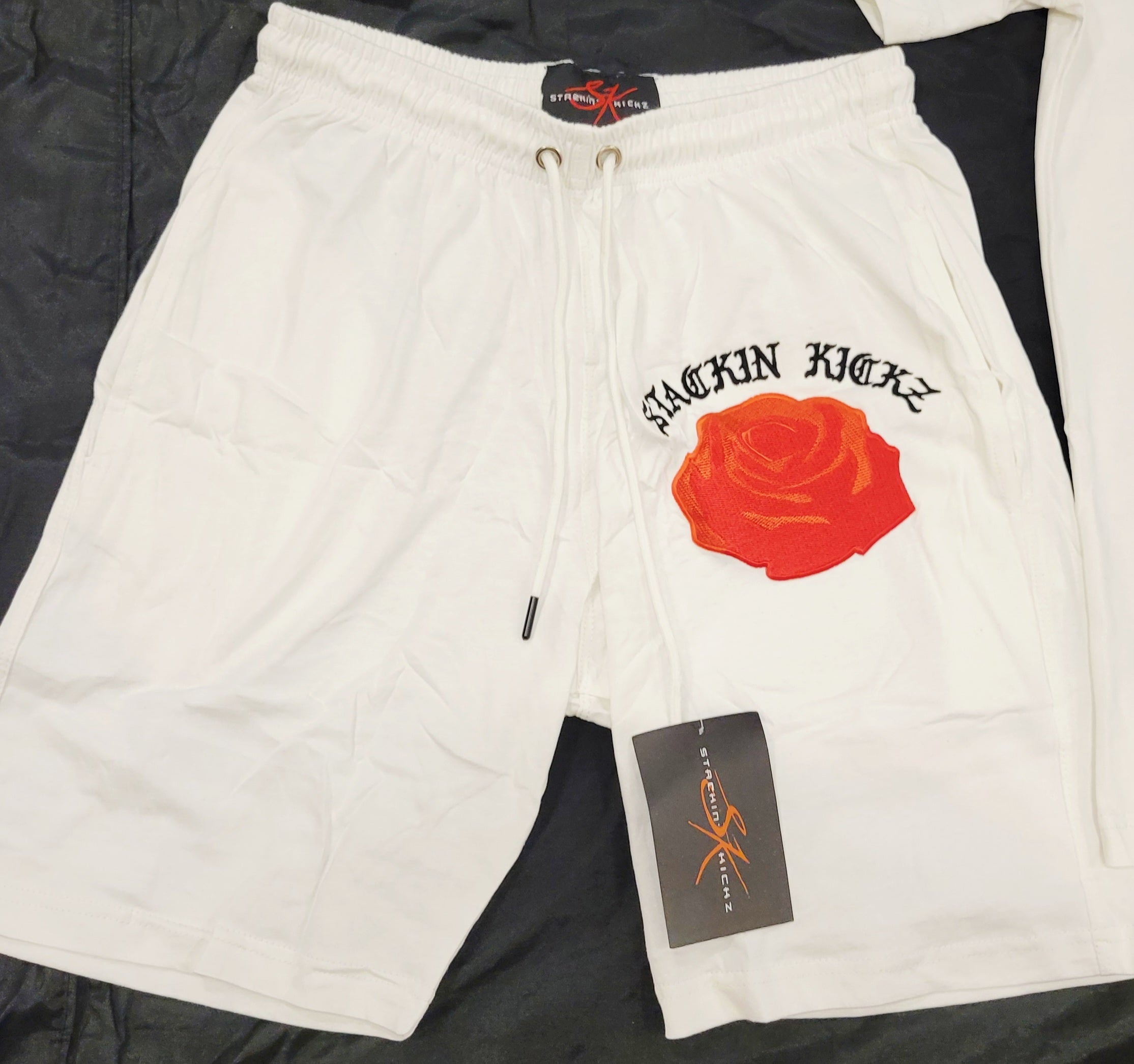 White Red Embroidered Rose Shorts