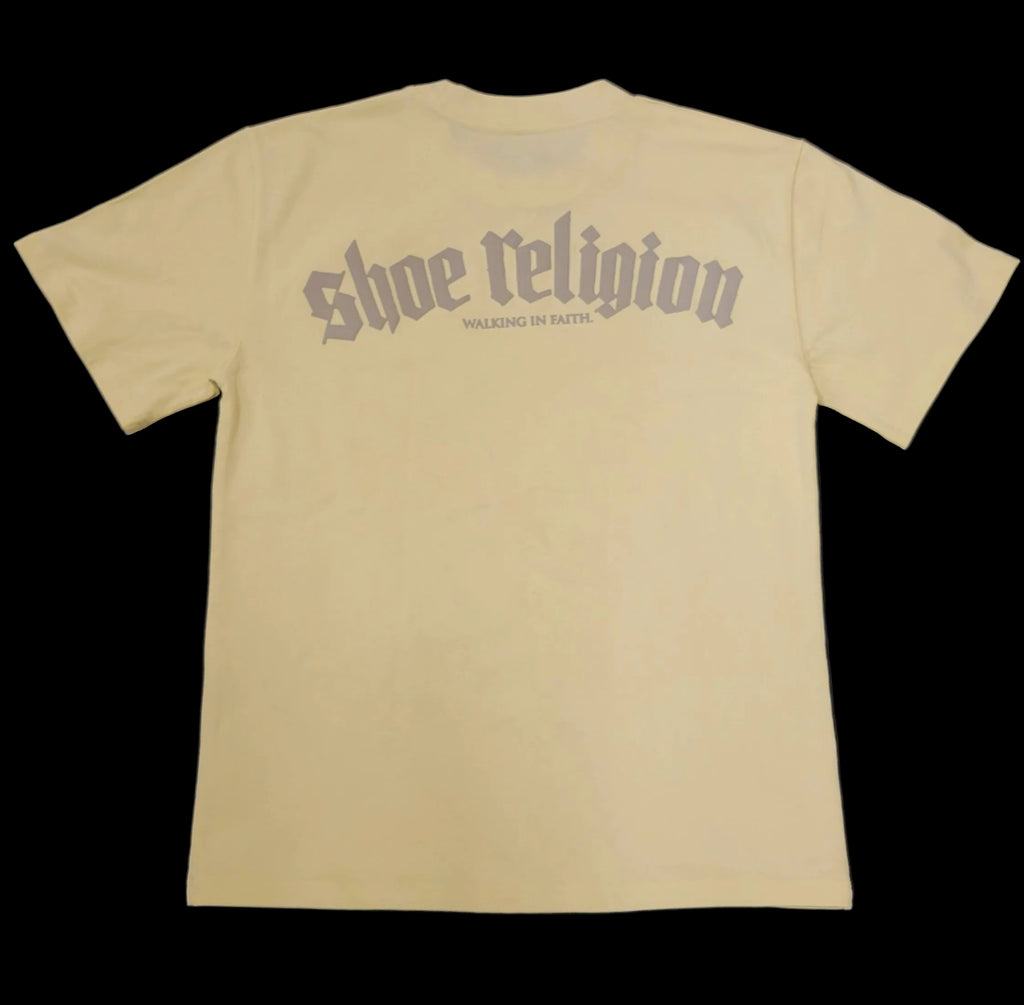Cream/Gray Heavyweight "SHOE RELIGION" reimagined Tee.