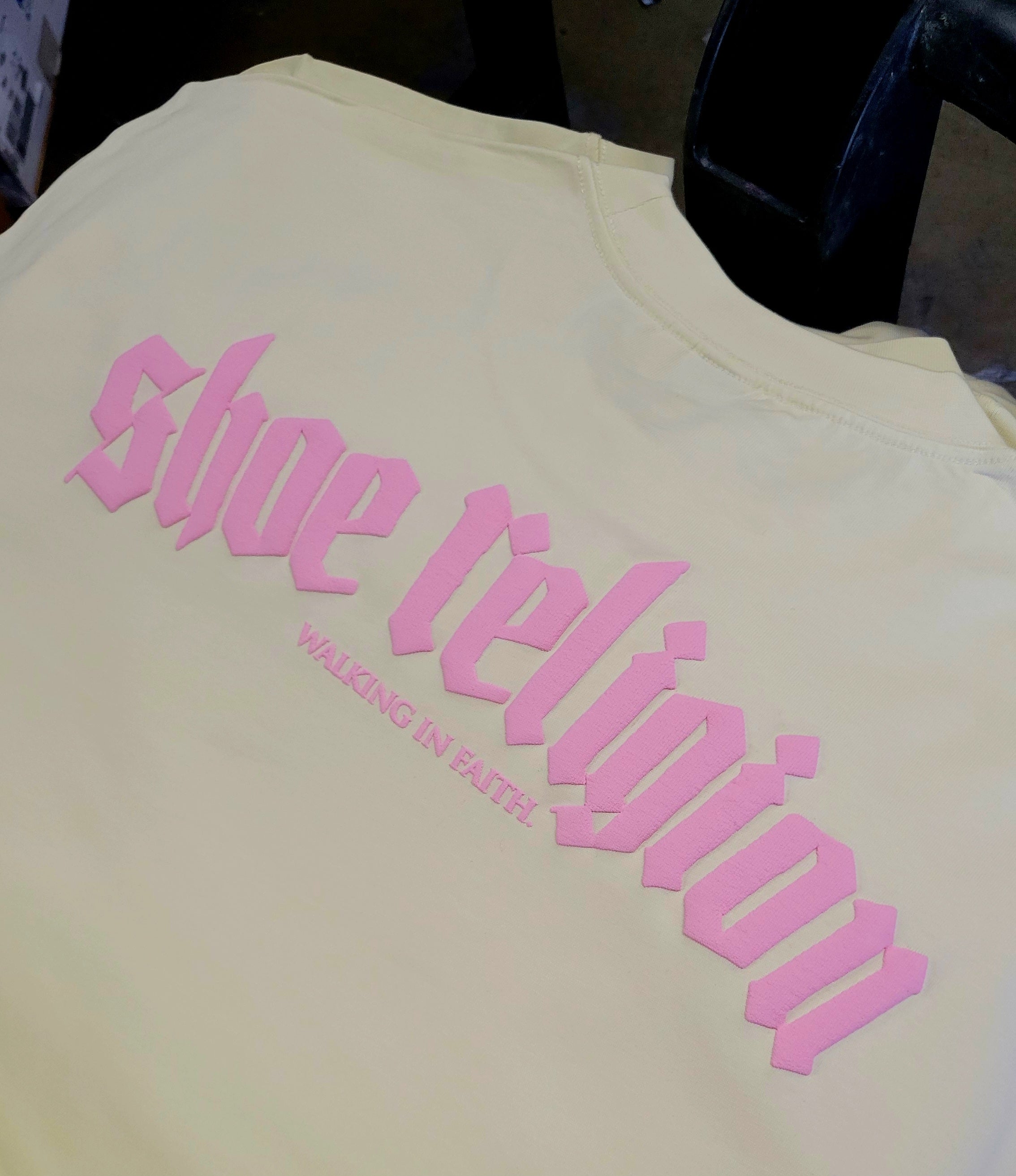 Cream/Pink Heavyweight "SHOE RELIGION" reimagined Tee.