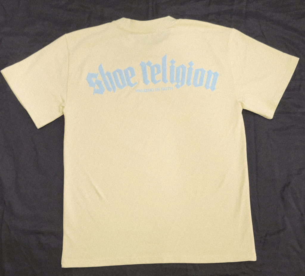 Cream/Ice Blue Heavyweight "SHOE RELIGION" reimagined Tee.