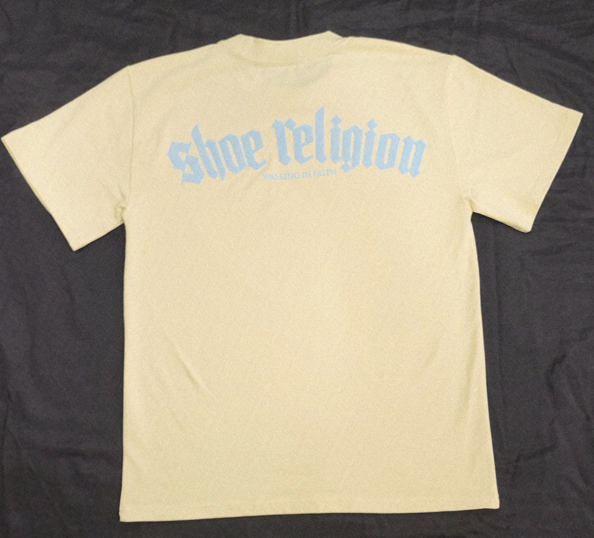 Cream/Ice Blue Heavyweight "SHOE RELIGION" reimagined Tee.