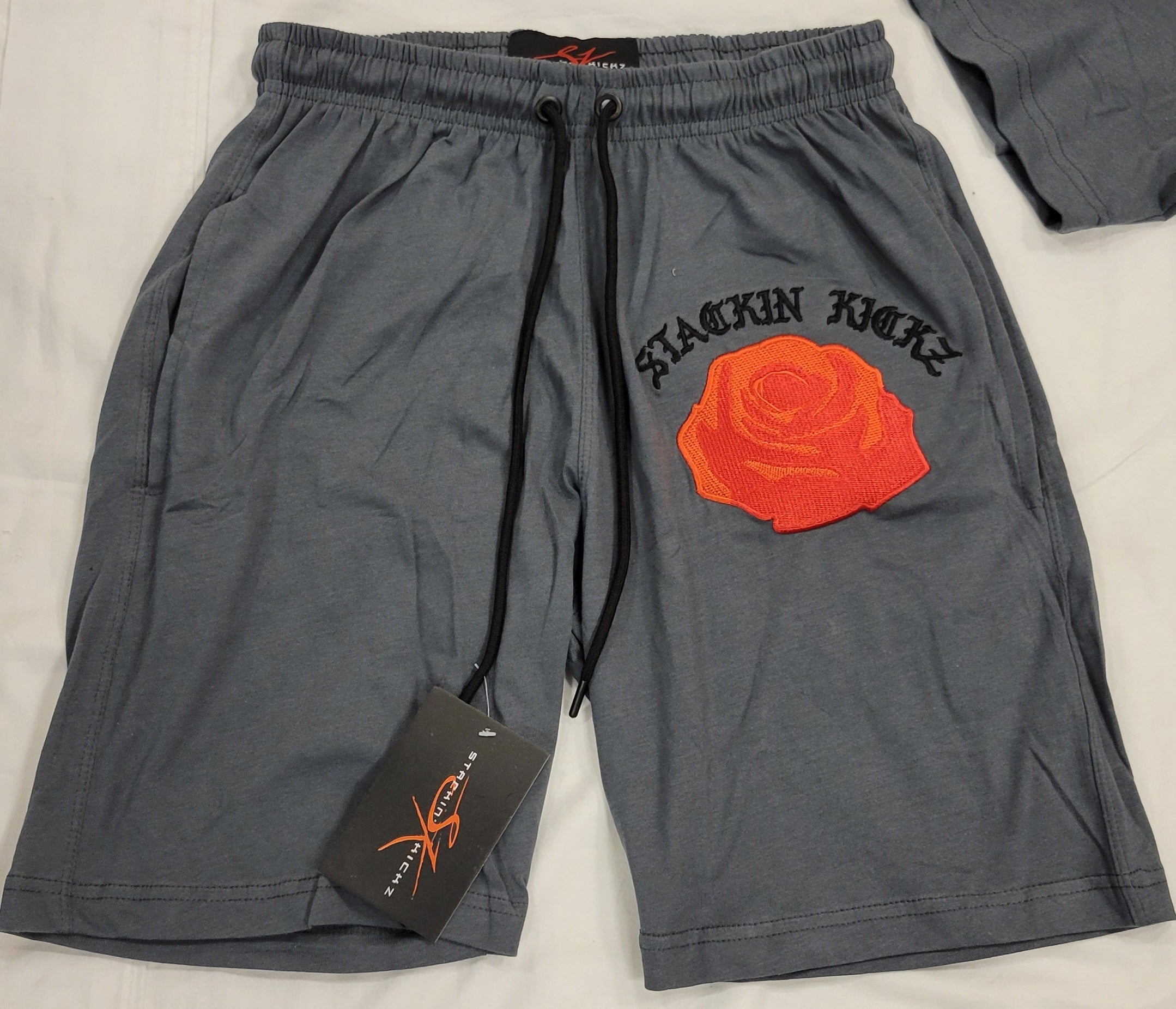 Gray Red Embroidered Rose Shorts