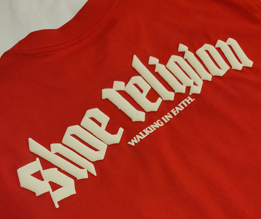 Cherry Red / Cream Heavyweight "SHOE RELIGION" reimagined Tee